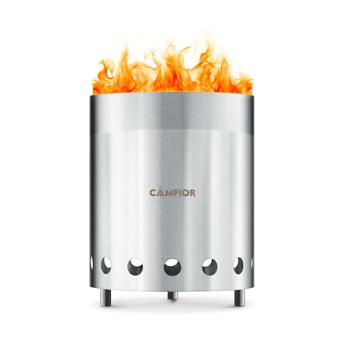 Campior front view with stand showing stable burn and easy setup