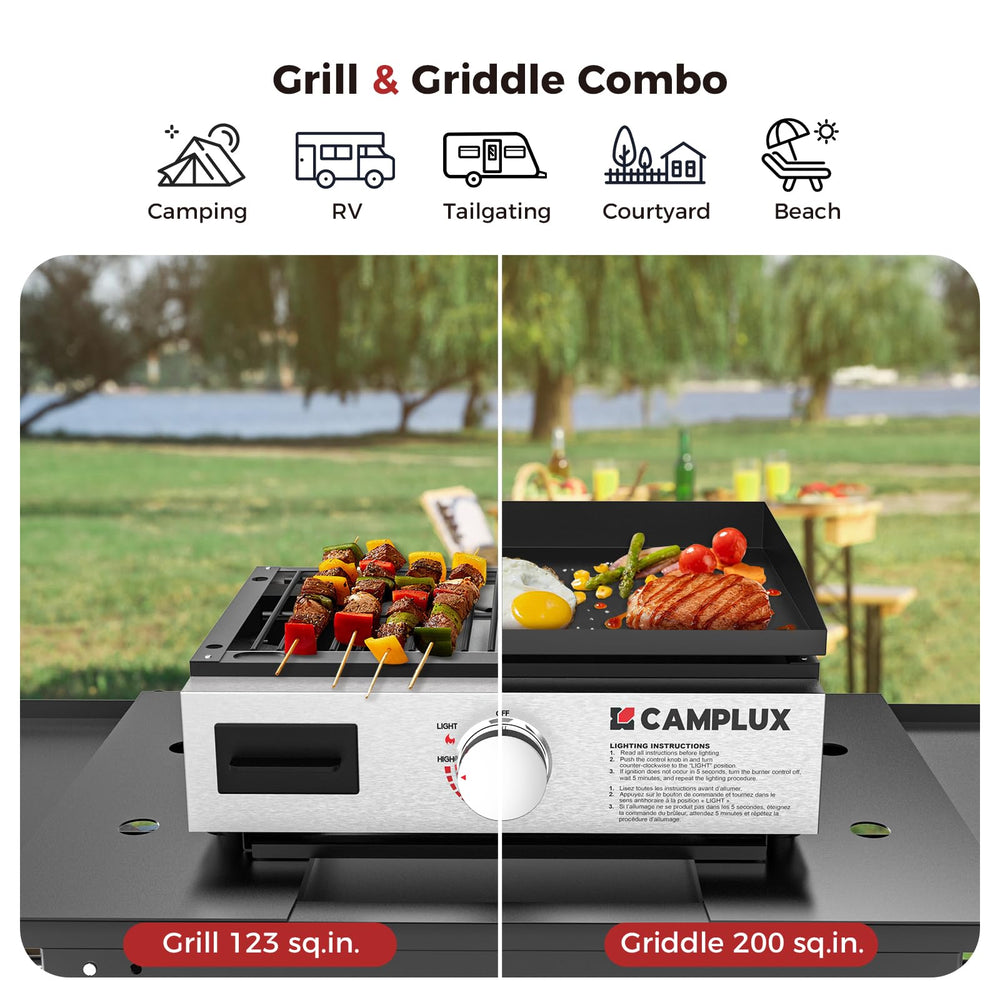 CAMPLUX close-up of ceramic-coated flat top demonstrating nonstick cooking surface
