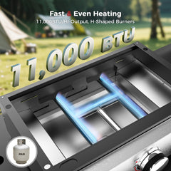 CAMPLUX enamel grill plate detail highlighting sear marks and easy removal