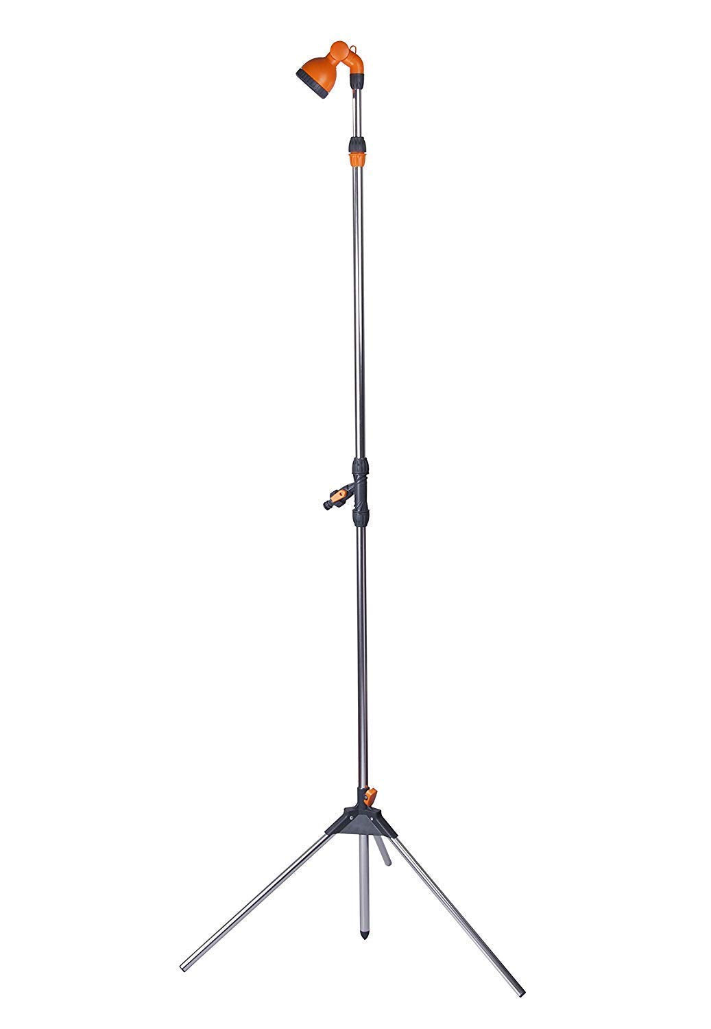 CAMPLUX front view showing compact freestanding shower and tripod stability