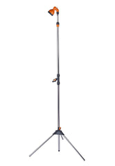 CAMPLUX front view showing compact freestanding shower and tripod stability