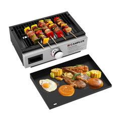 CAMPLUX front tabletop griddle showing dual grill and flat top, quick cooking benefit