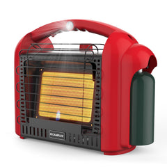 CAMPLUX front view showing red heater and grille, ideal portable warmth
