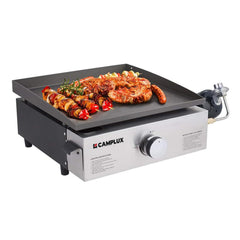 Camplux stainless steel front view showing compact portable tabletop griddle and benefit of durability