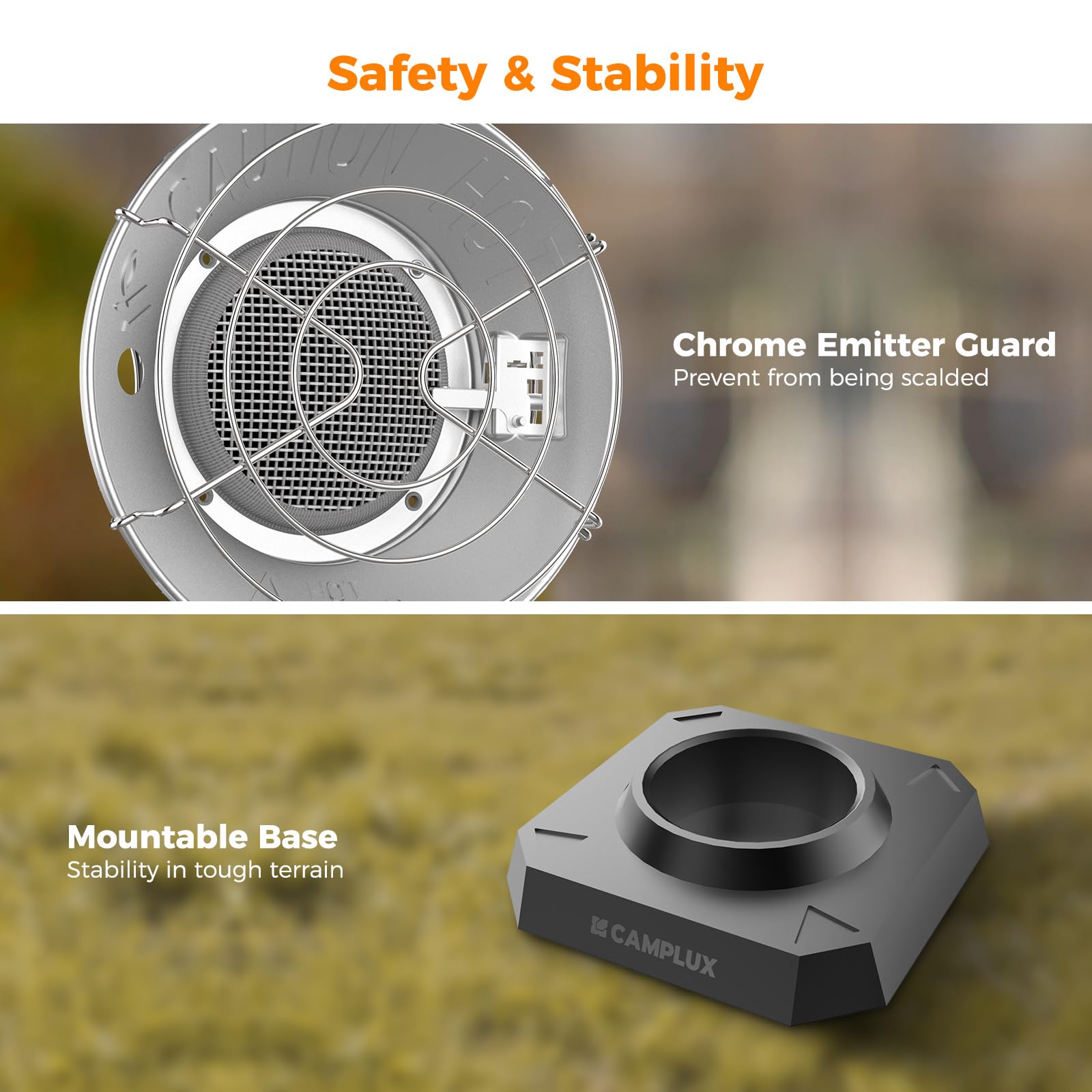 CAMPLUX beside a hand showing scale for portability and travel ease