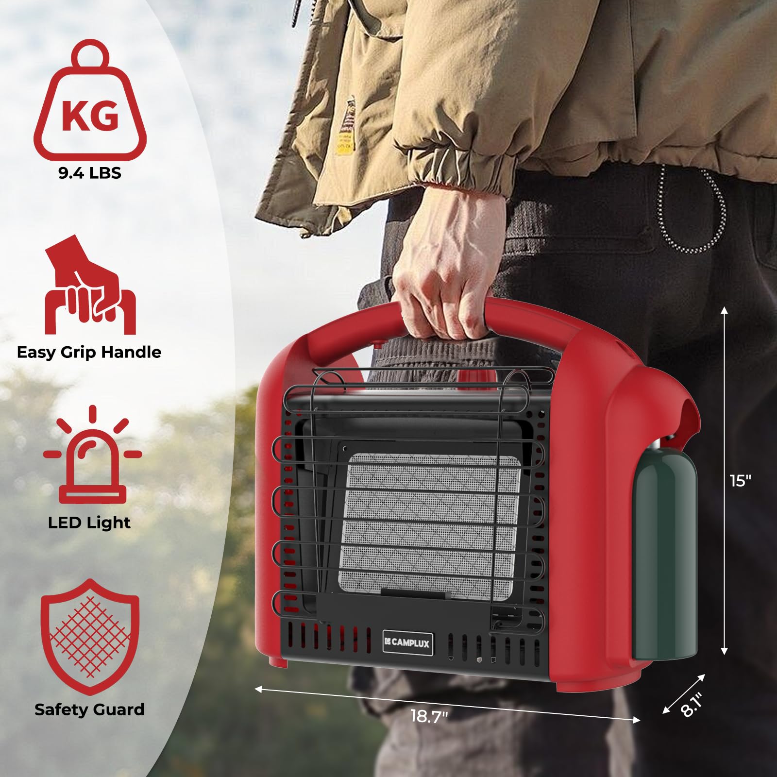 CAMPLUX heater warming campsite, brand shown providing quick comfort