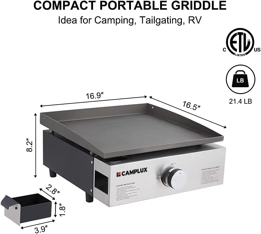 Camplux griddle beside a 1lb propane cylinder showing fuel compatibility and scale benefit
