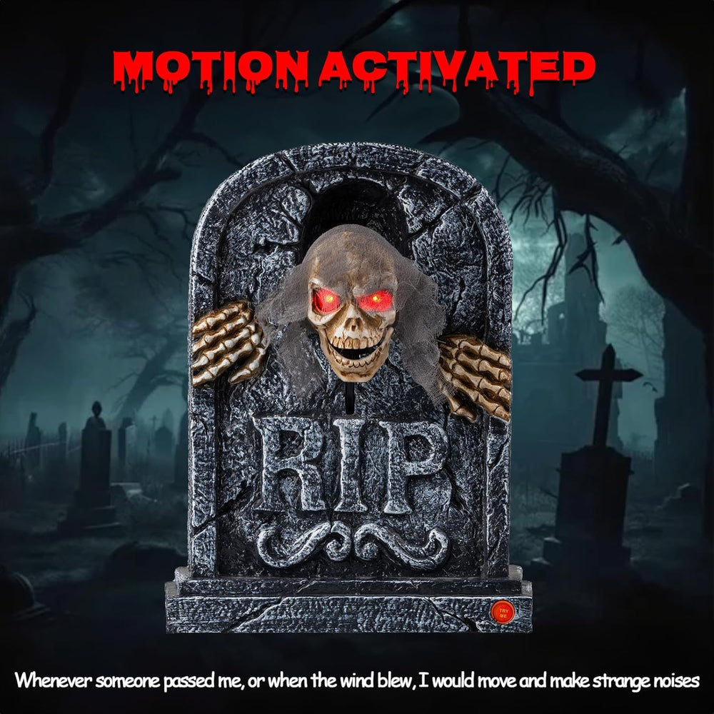 Candieslife tombstone in porch display creating dramatic Halloween atmosphere