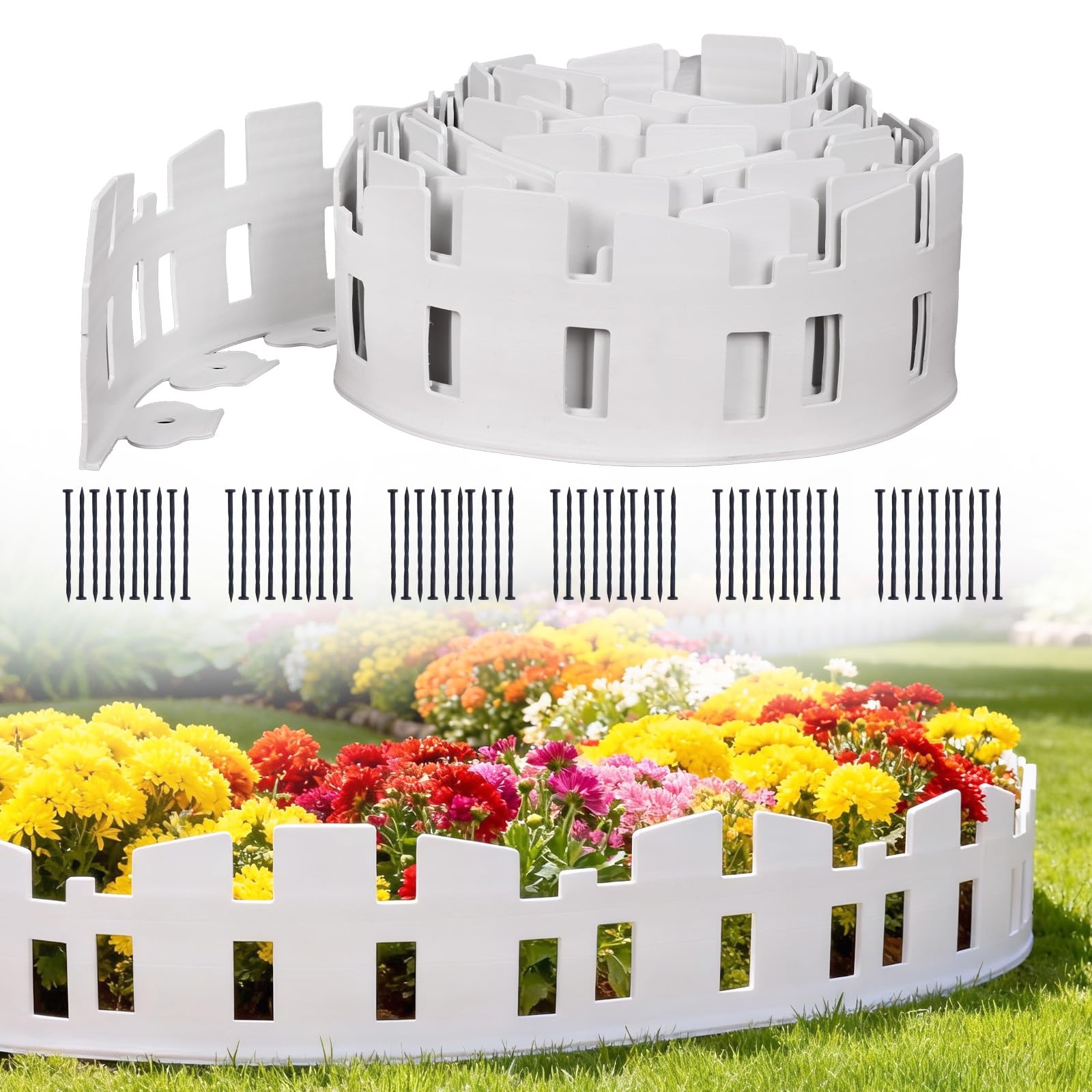 Candyhouse front view of white 33ft edging kit showing neat benefits