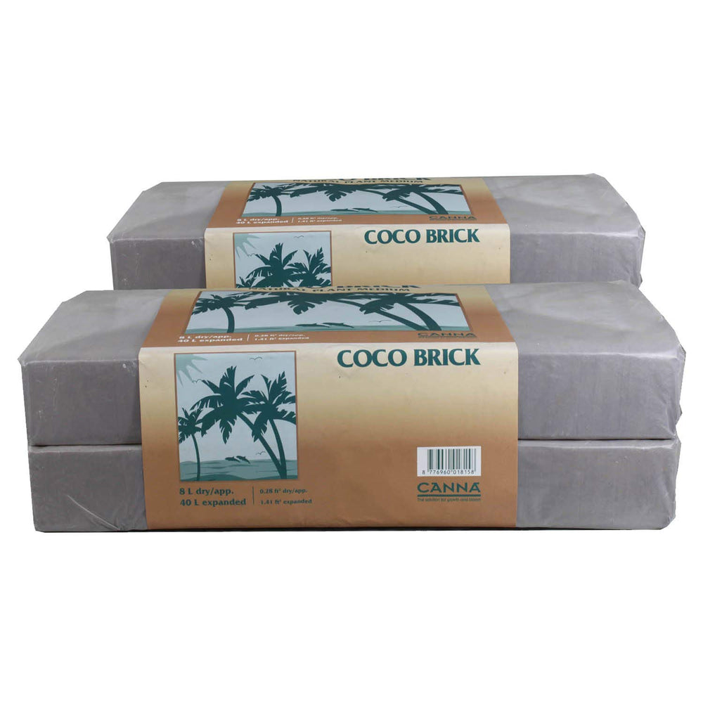 CANNA coco brick front view showing packaging and plant-medium benefits