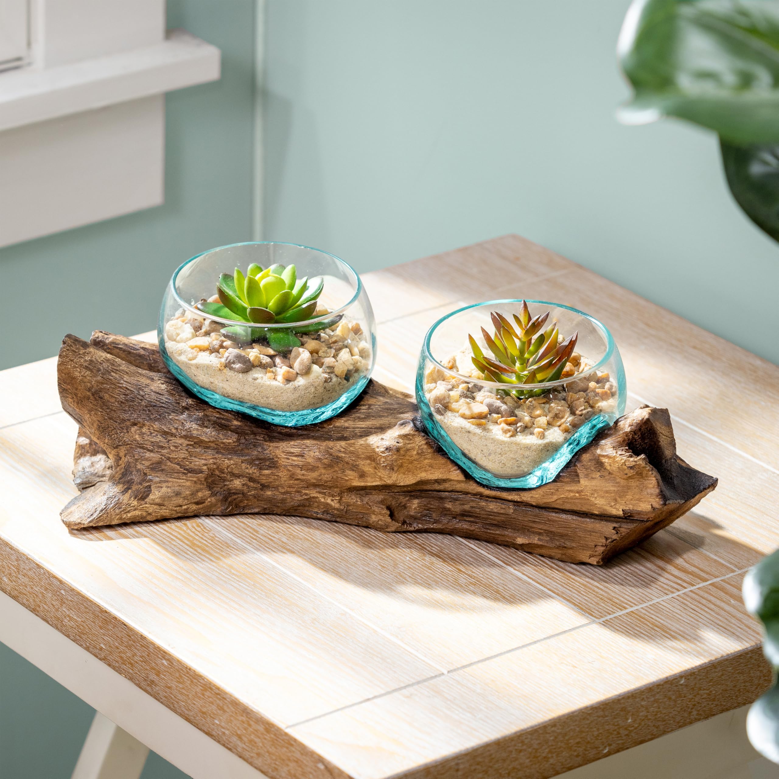 Cape Craftsmen front view of two blue-tinted terrariums showing coastal style and balance