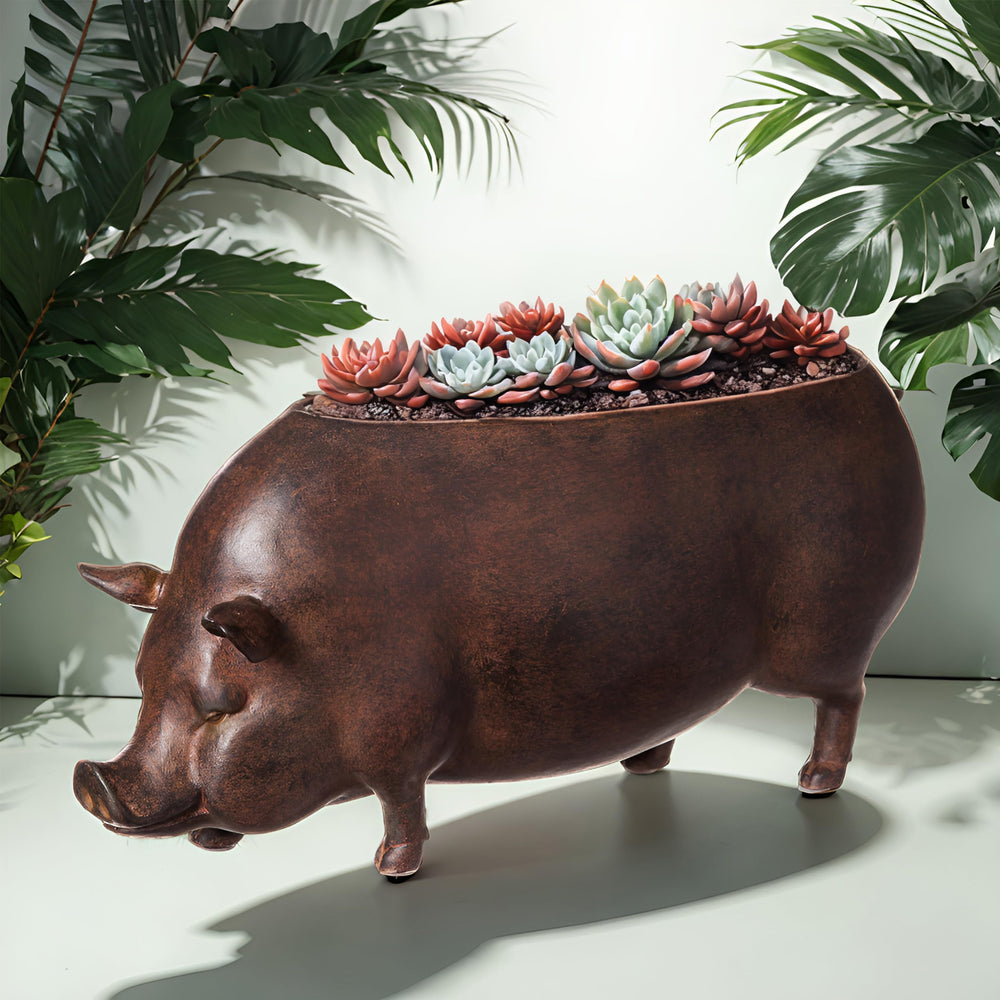 Cape Craftsmen pig planter styled on patio adding playful outdoor spring charm