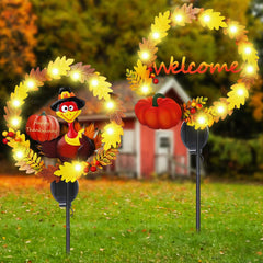 Capoda front-facing turkey wreath stake glowing, adds festive curb appeal