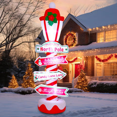 Capoda front view of 8 ft North Pole inflatable showing festive welcome sign benefit