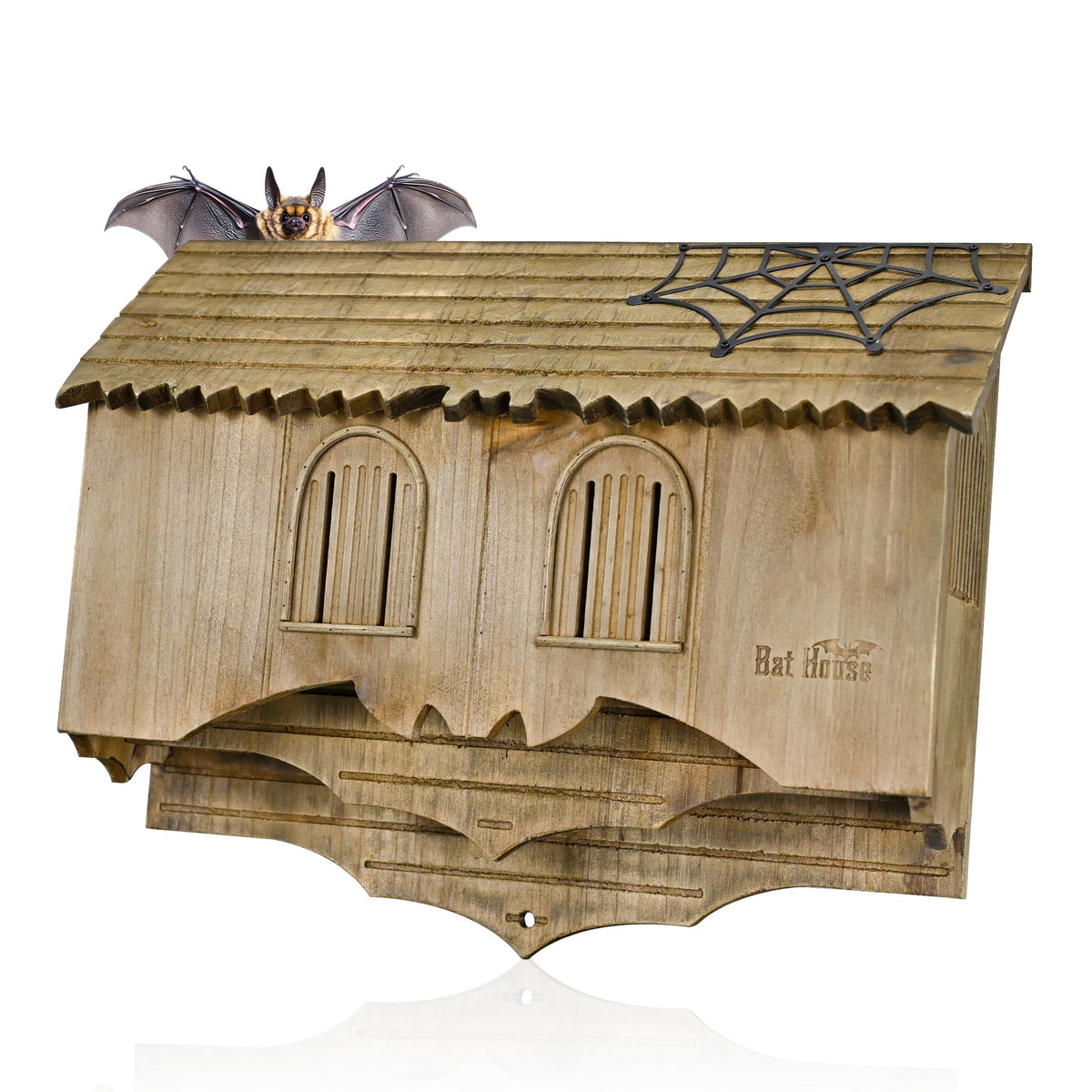 Capruzad front view of castle bat house showing decorative gatehouse and curb appeal