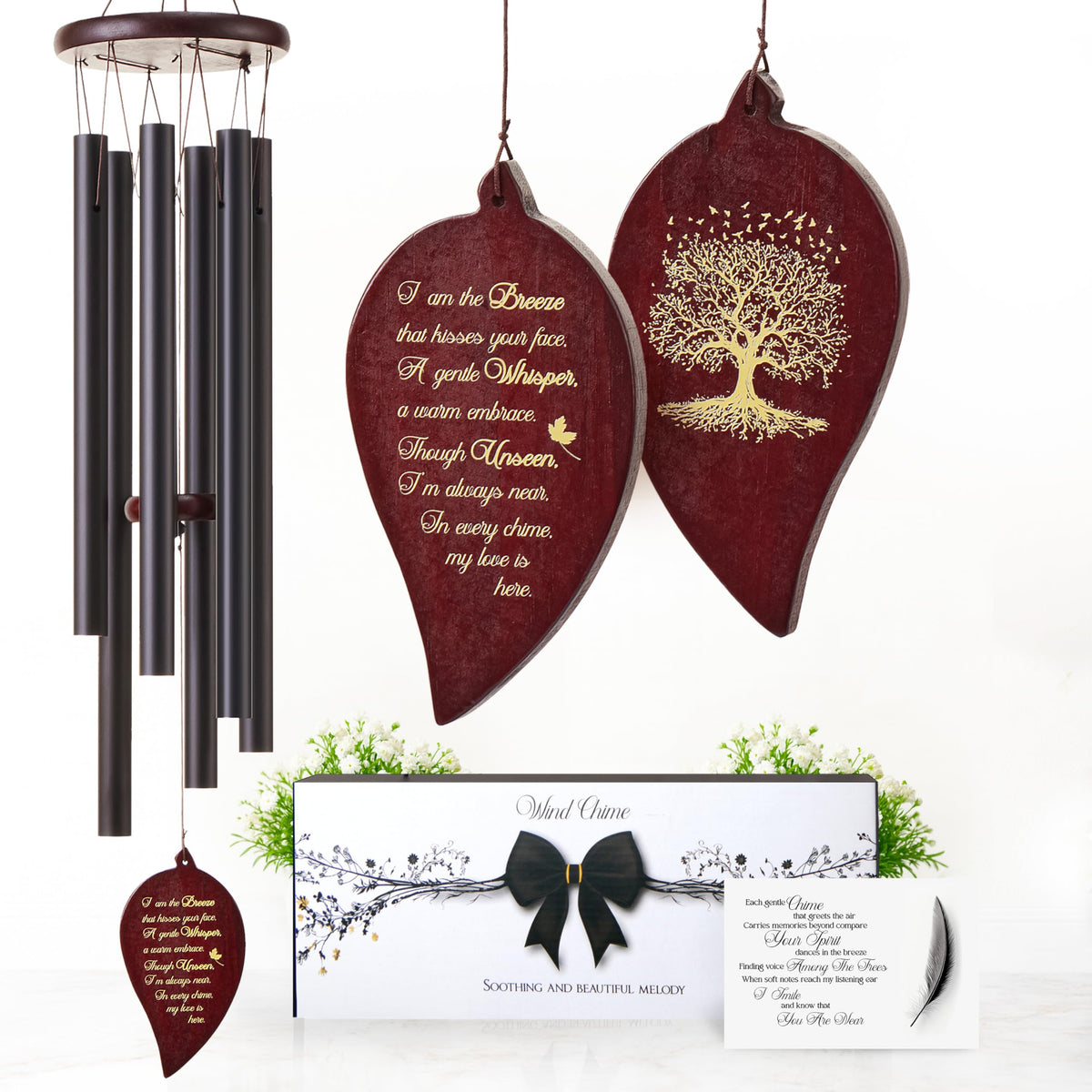 Captain Decor front view of 32 inch leaf black memorial wind chime showing engraved tribute