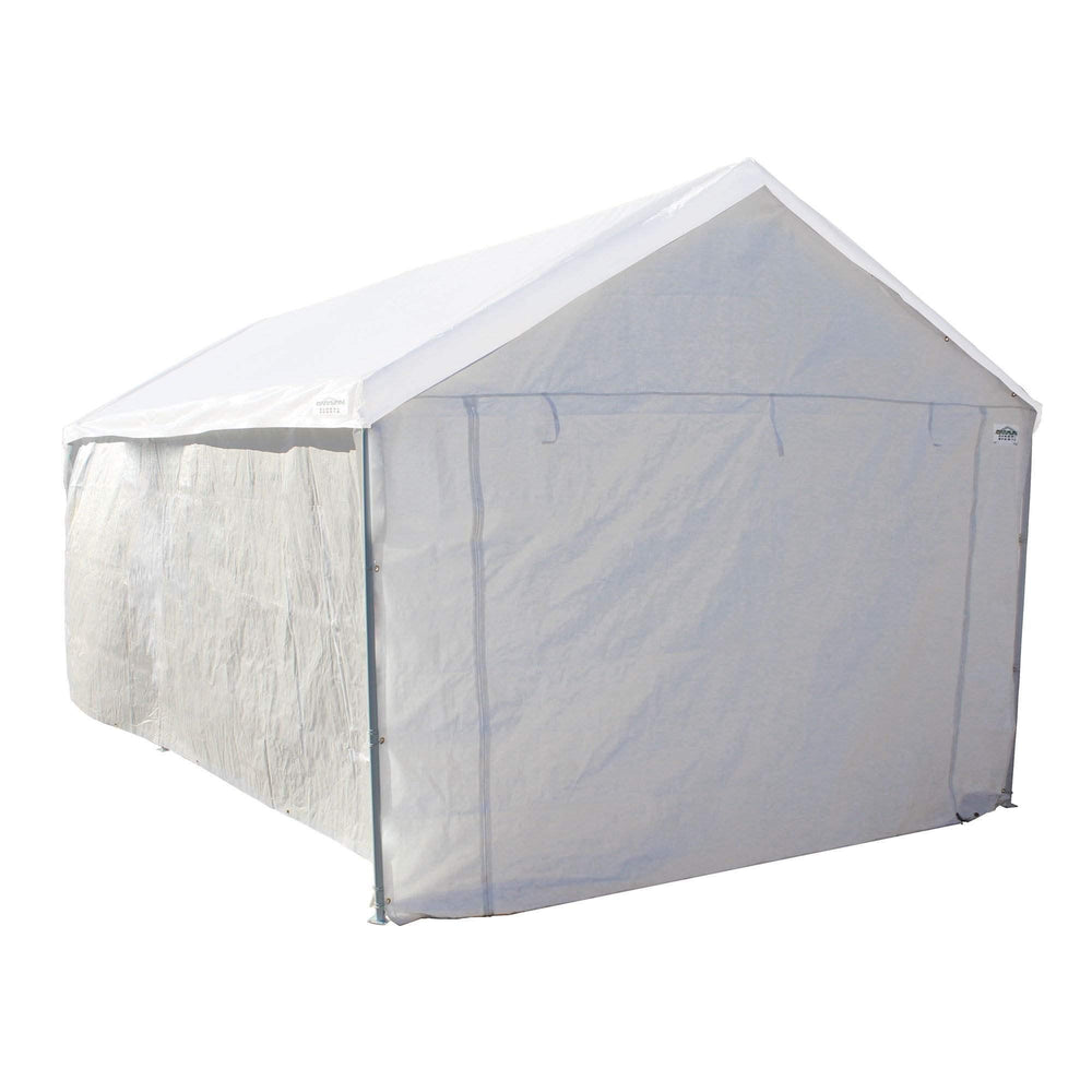 Caravan front view showing attached white sidewalls for weather protection