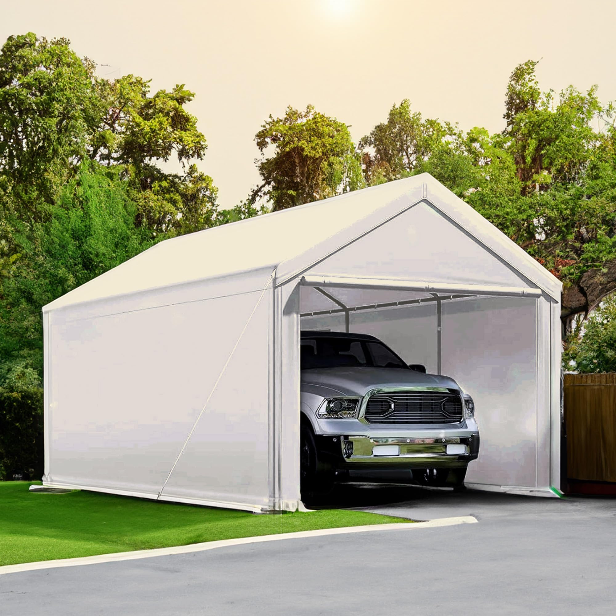 Caravan installed sidewalls protecting a parked car from sun and rain