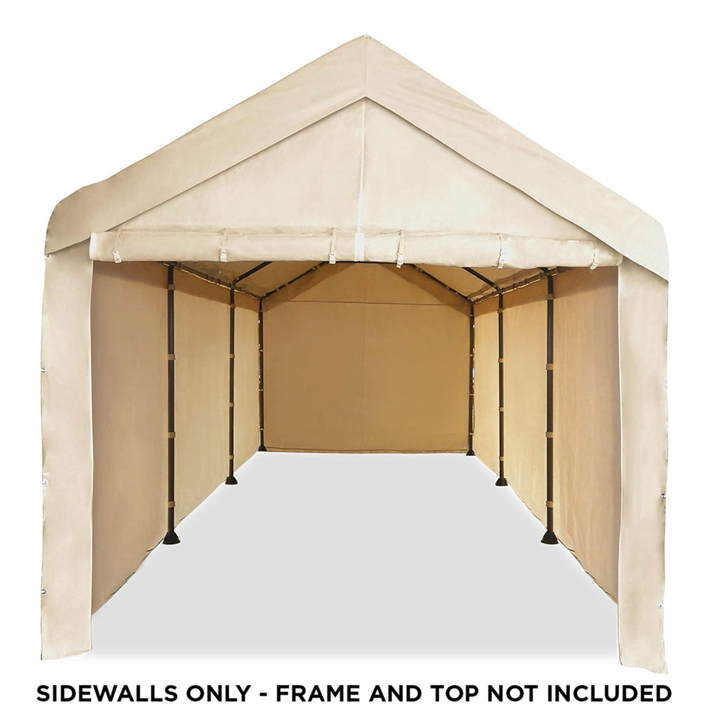 Caravan sidewalls next to people demonstrating height and scale of coverage