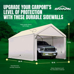 Caravan elastic ball straps attaching sidewall securely to carport frame