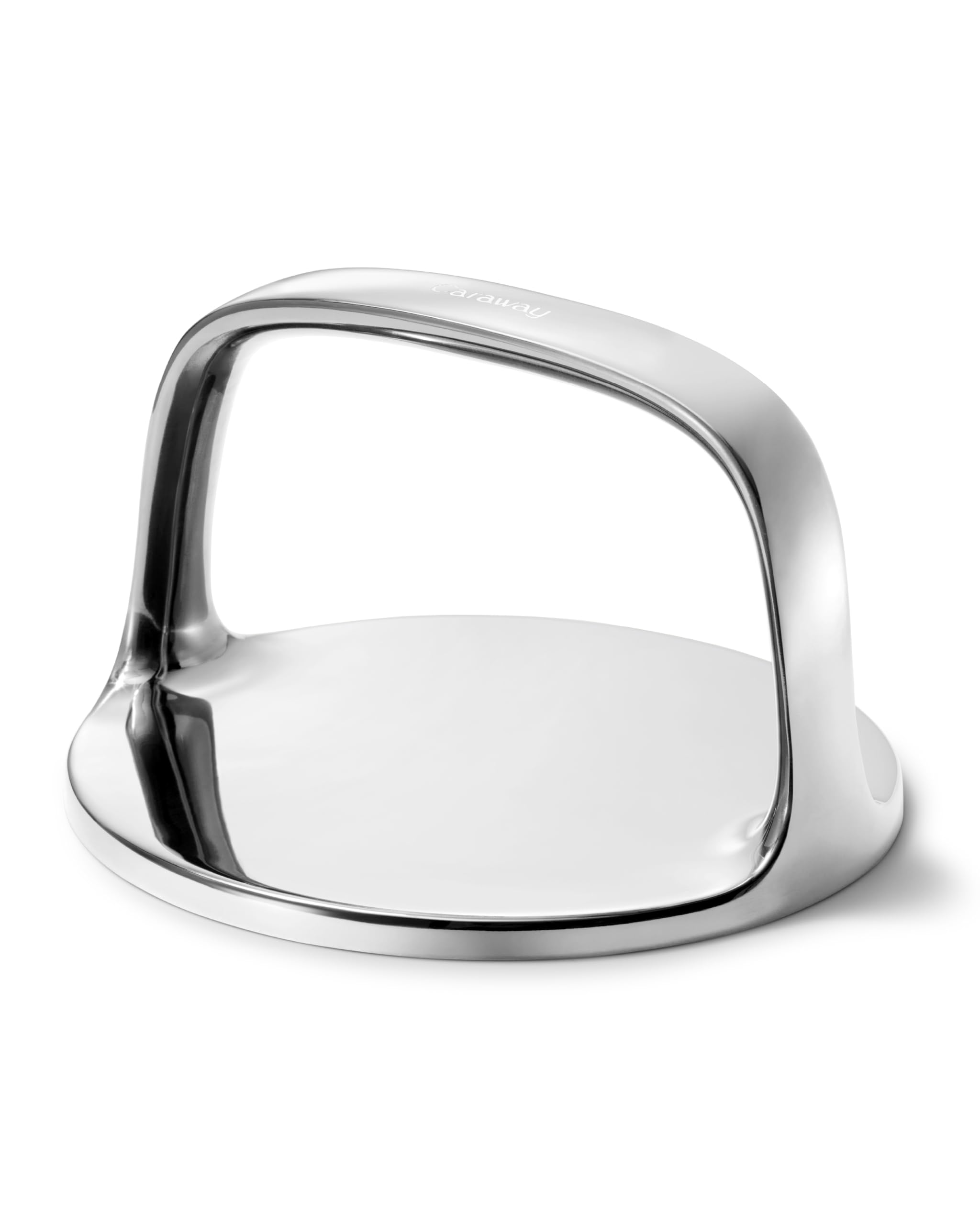 Caraway grill press front view showing stainless steel body for even searing