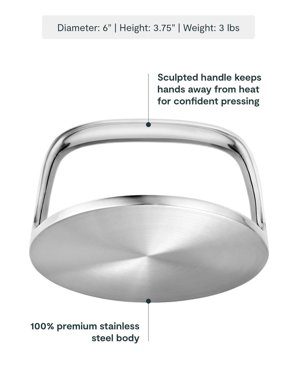 Caraway grill press handle close-up offering a secure comfortable heat-safe grip