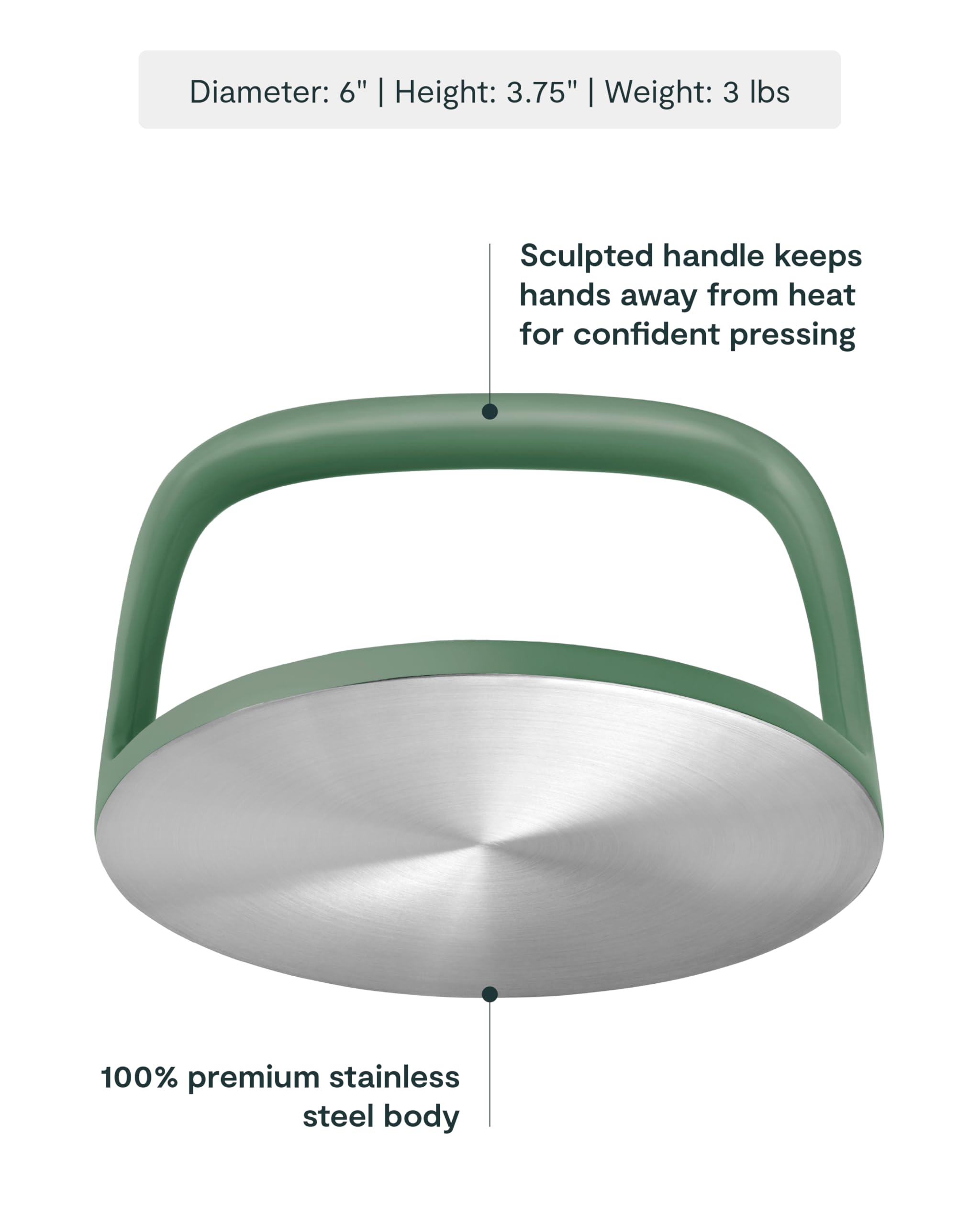 Caraway grill press handle close-up demonstrating comfortable grip and safety