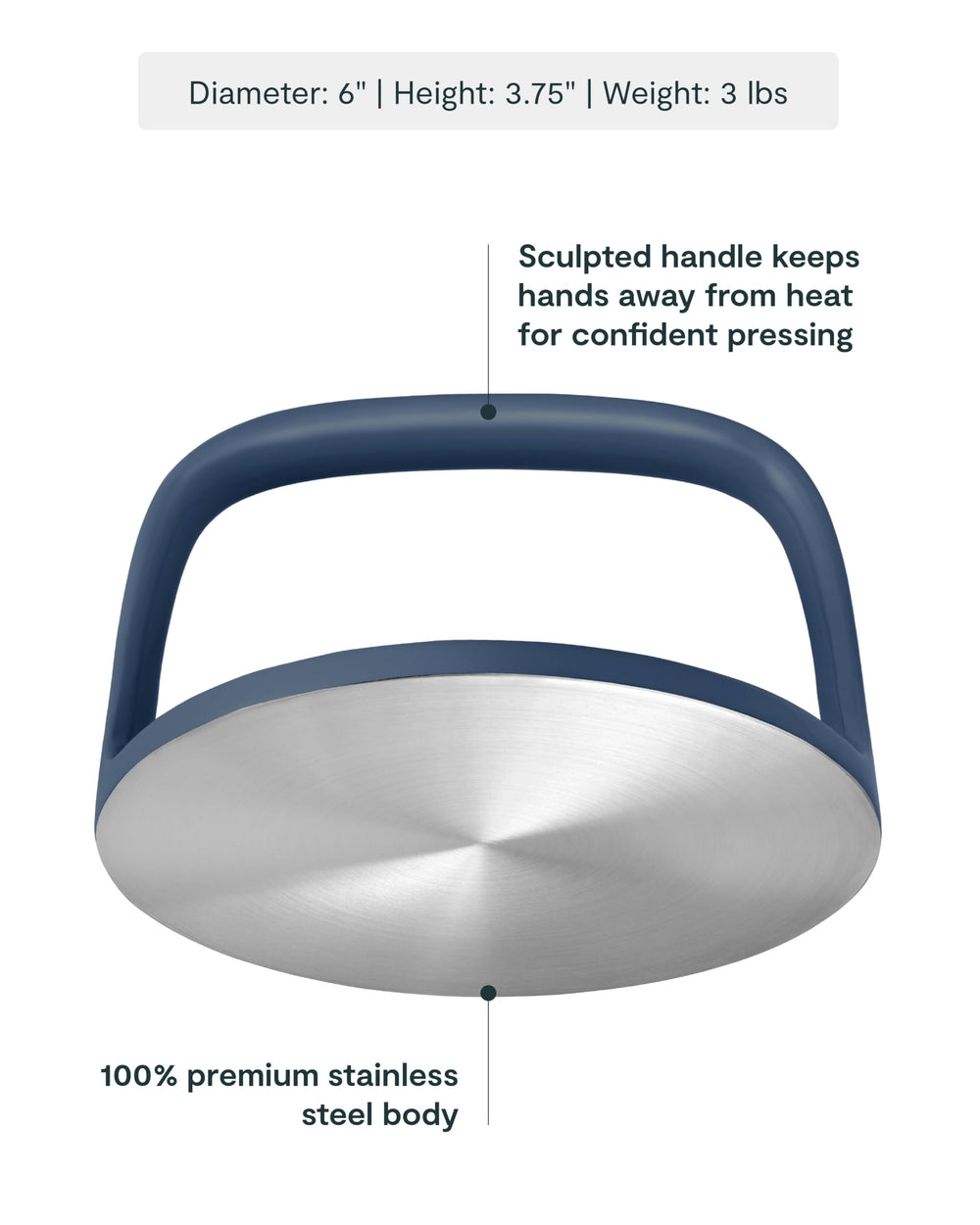 Caraway grill press handle close-up offering comfortable, heat-safe grip