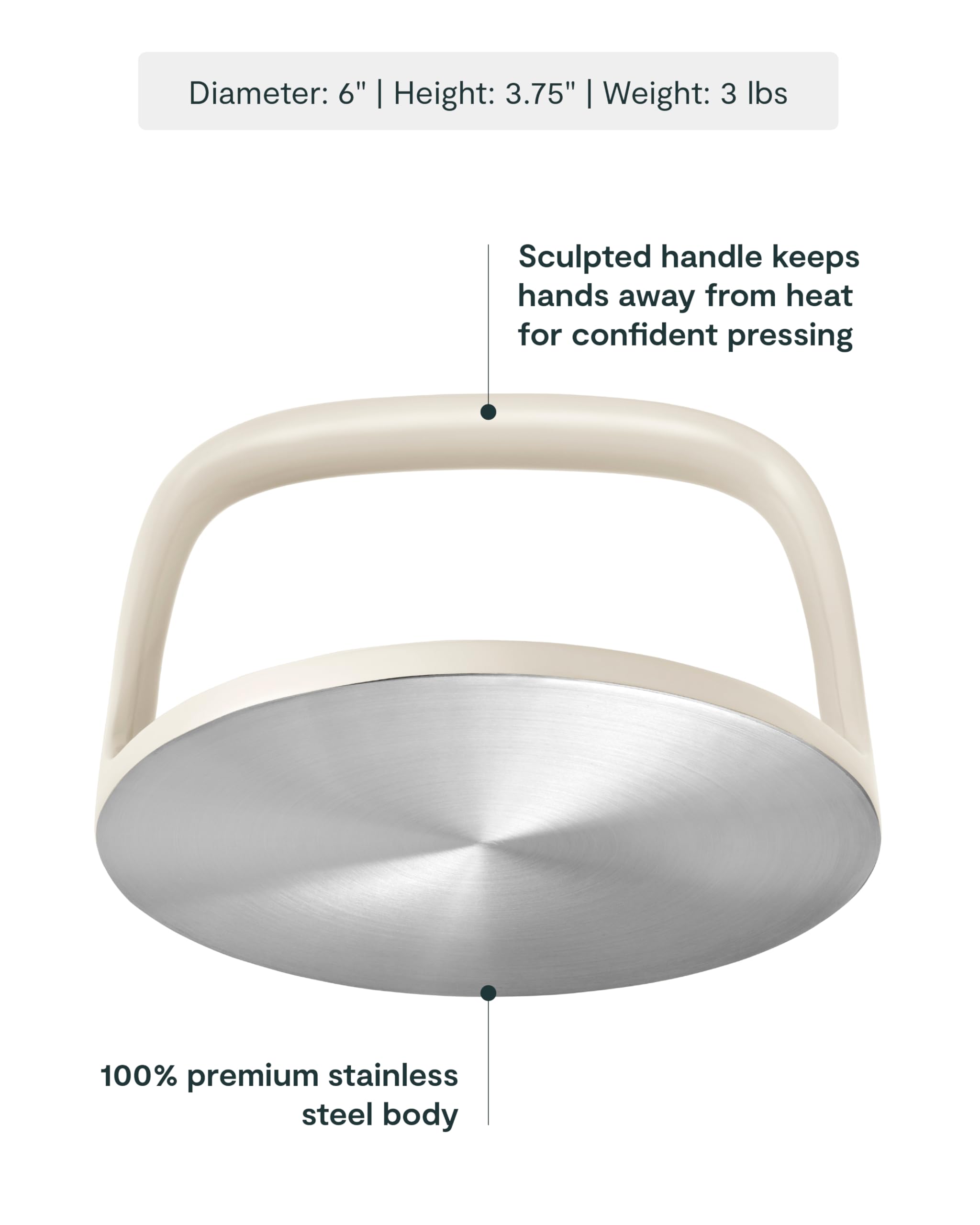 Caraway grill press handle detail with sculpted grip for safe pressing at high heat benefit: secure control