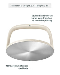 Caraway grill press handle detail with sculpted grip for safe pressing at high heat benefit: secure control