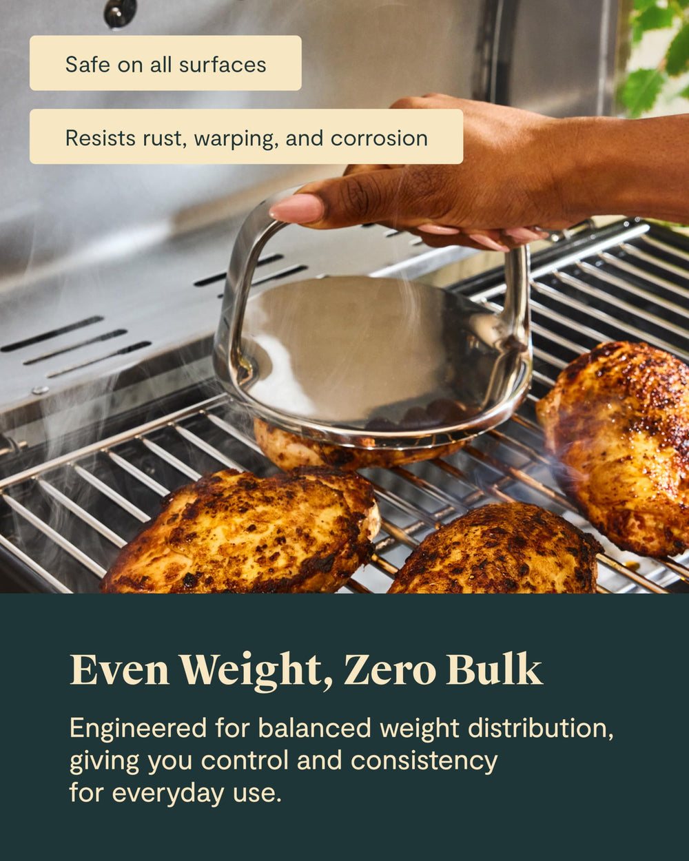 Caraway grill press on skillet pressing burger for faster, uniform browning