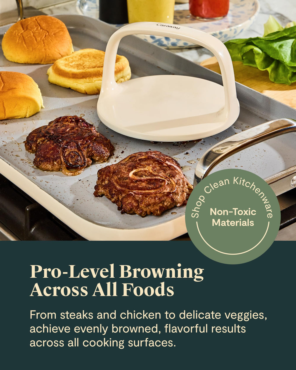 Caraway grill press side profile highlighting balanced weight for even searing