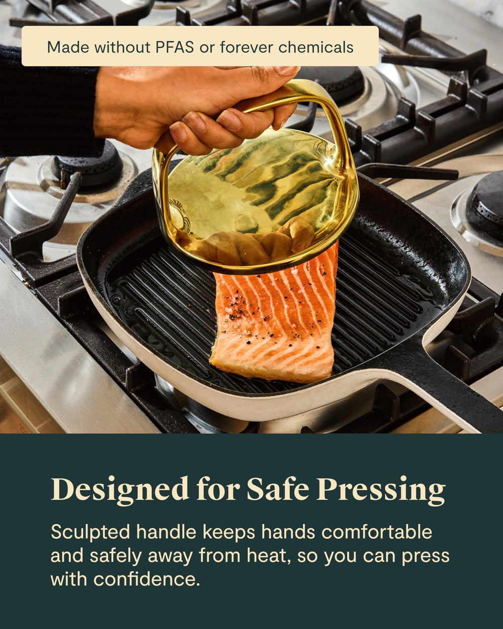 Caraway grill press next to a hand for scale showing sturdy, ergonomic size benefit