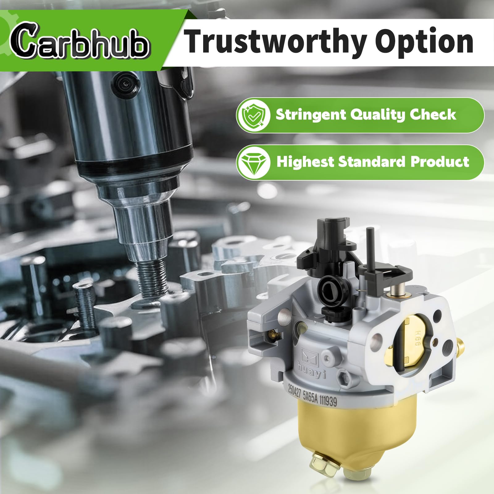 Carbhub HUAYI carburetor next to ruler showing 5-5/8 by 3-1/2 inch dimensions
