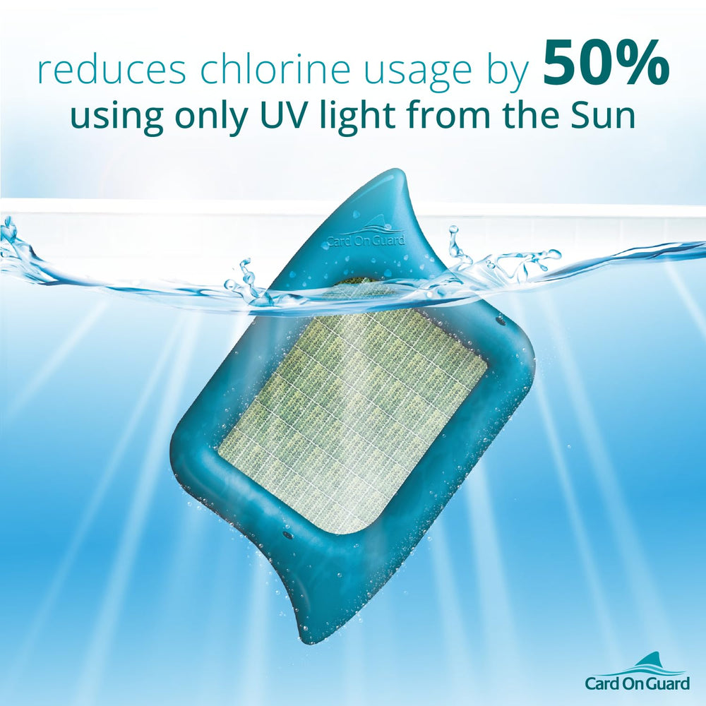 Card On Guard FIN floating in pool under sun, demonstrates passive operation and continuous sanitizing
