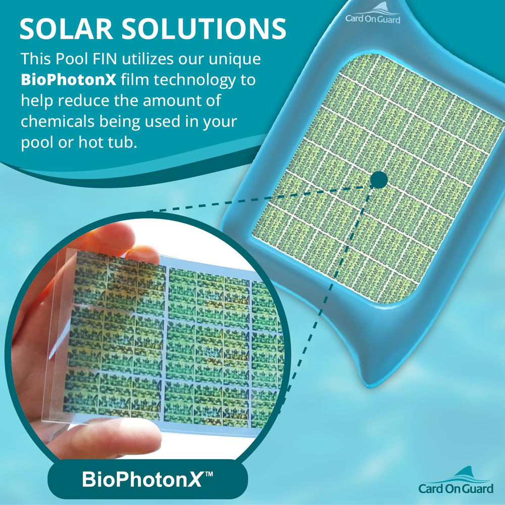 Card On Guard FIN on sunlit water surface proving solar activation and reduced chemical need