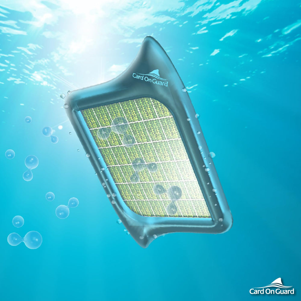Card On Guard FIN near family swimming, illustrates safer lower-chlorine enjoyment