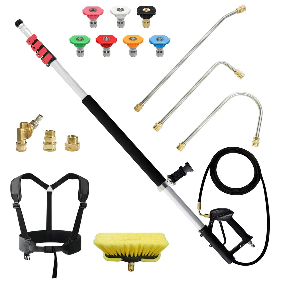 Carivia front view of telescoping wand and kit showing included parts and reach benefit