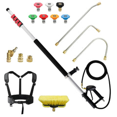 Carivia front view of telescoping wand and kit showing included parts and reach benefit