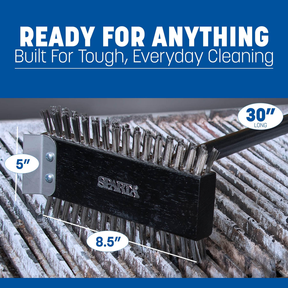 Carlisle SPARTA brush in use on a commercial grill demonstrating faster debris removal