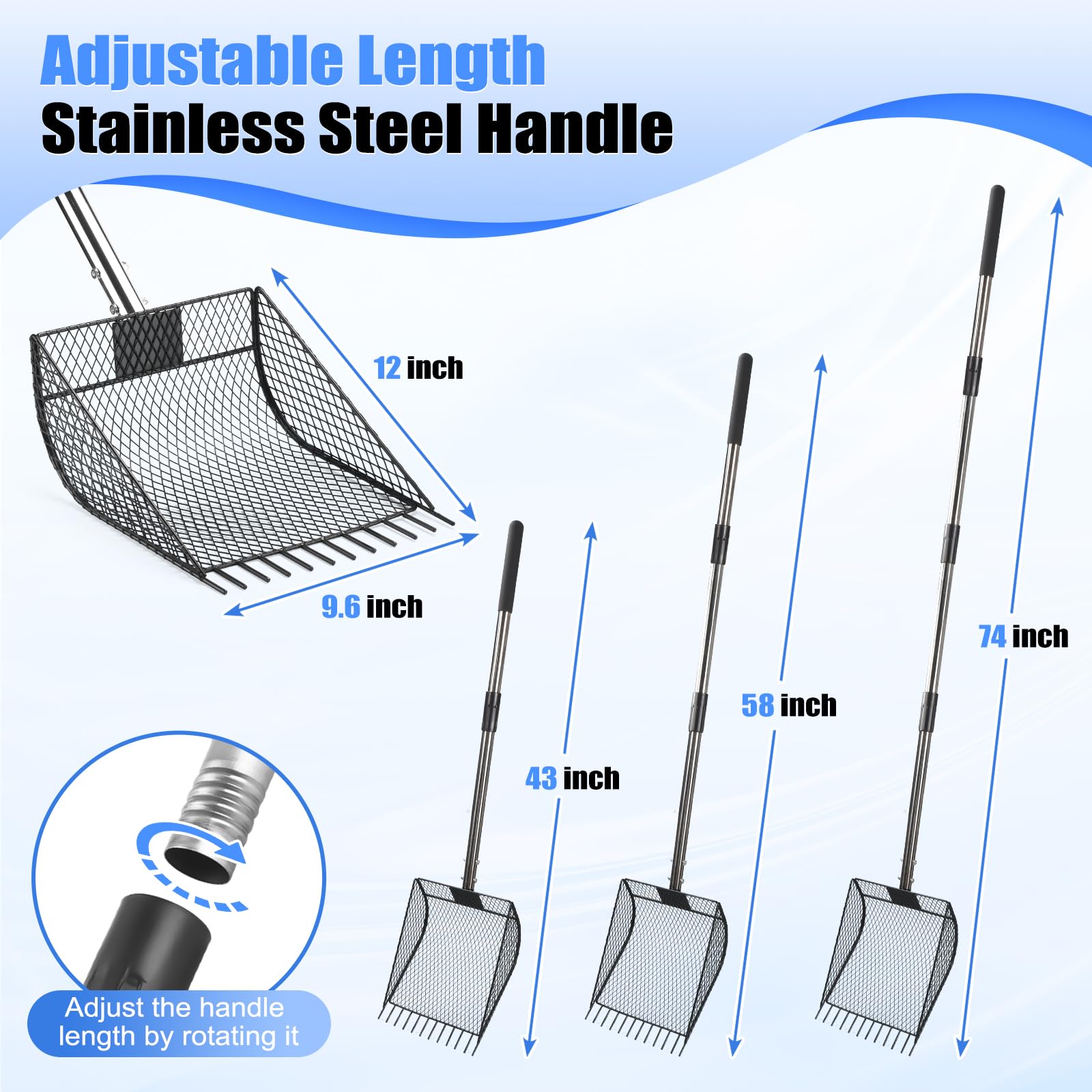 CAROD extended stainless steel handle demonstrating 24 to 68 inch adjustability