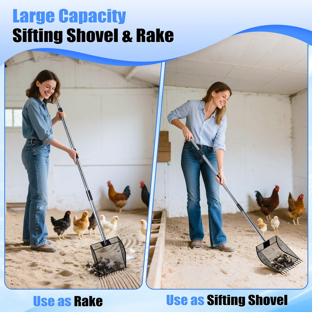 CAROD scooper in a chicken coop clearing bedding to save time and effort