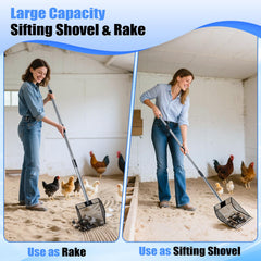 CAROD scooper in a chicken coop clearing bedding to save time and effort