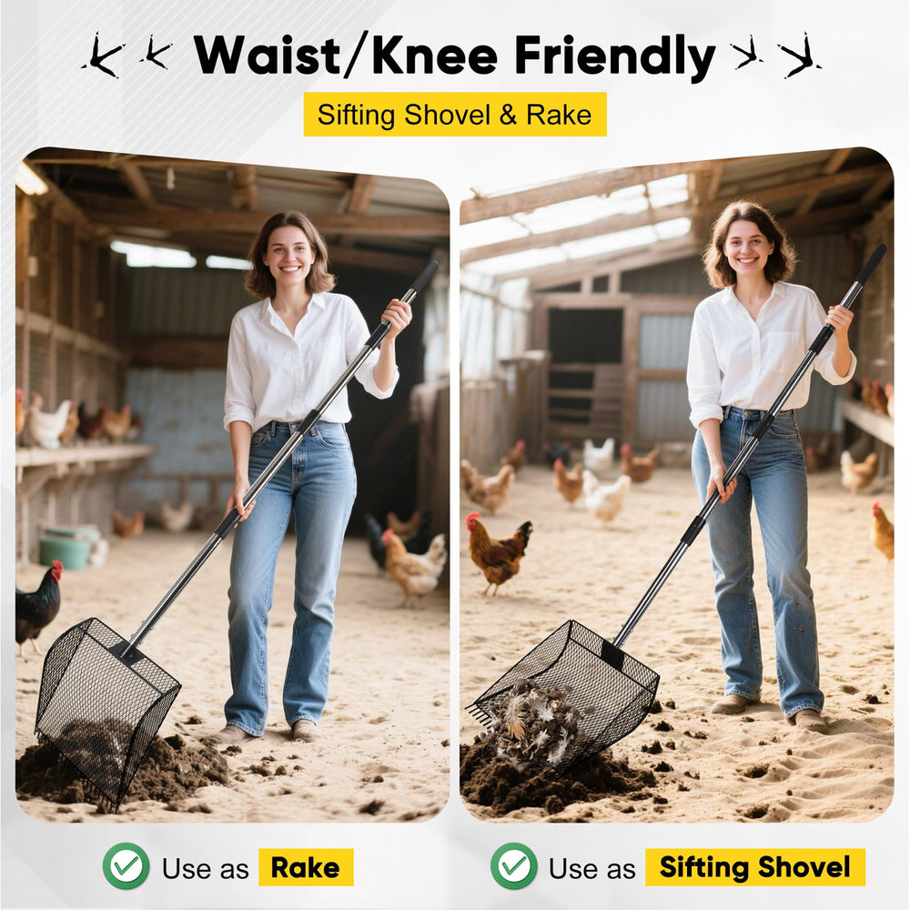 CAROD scooper in use cleaning a chicken coop reducing bending and speeding tasks