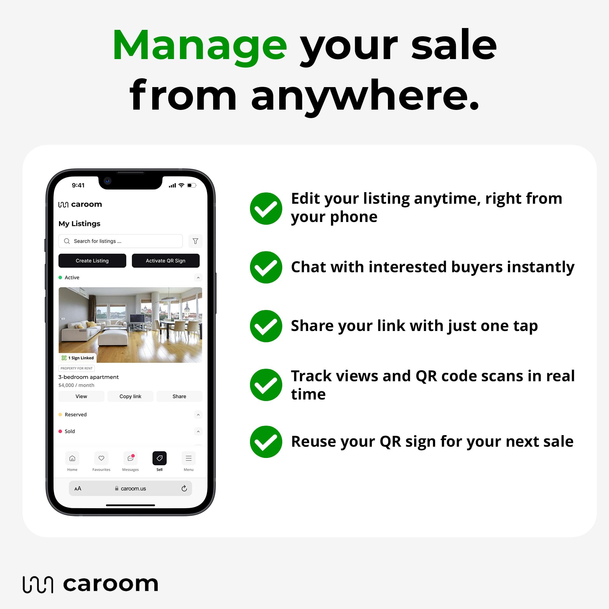 Caroom sign displayed on fence in urban setting to attract local buyers