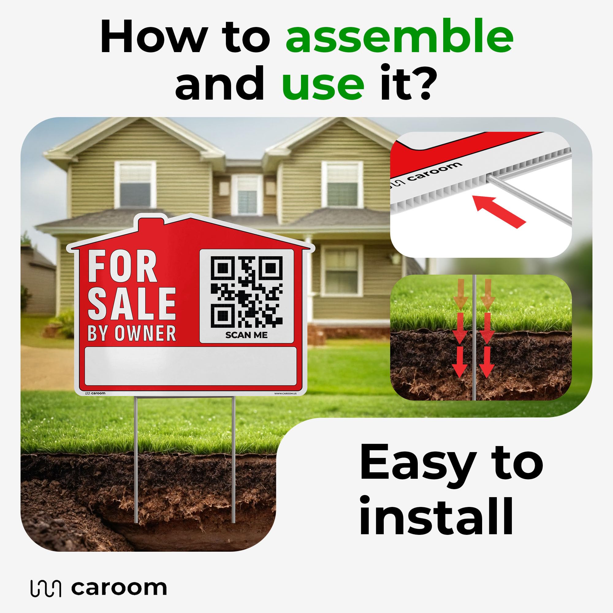 Caroom sign in a yard setting attracting passing buyers and showing curb appeal