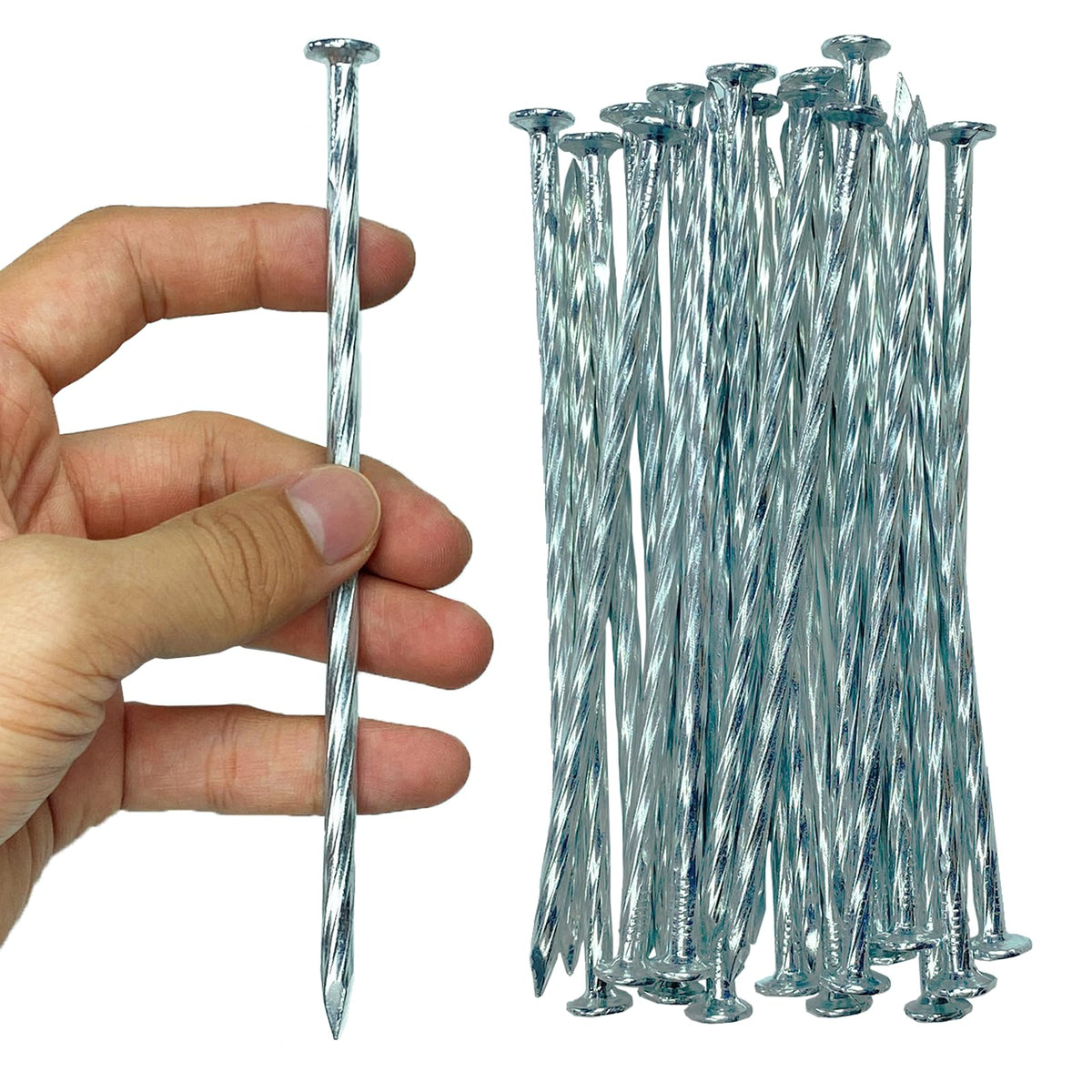 CAROYINO front view of 100-pack stakes showing durable galvanized finish and quantity benefit