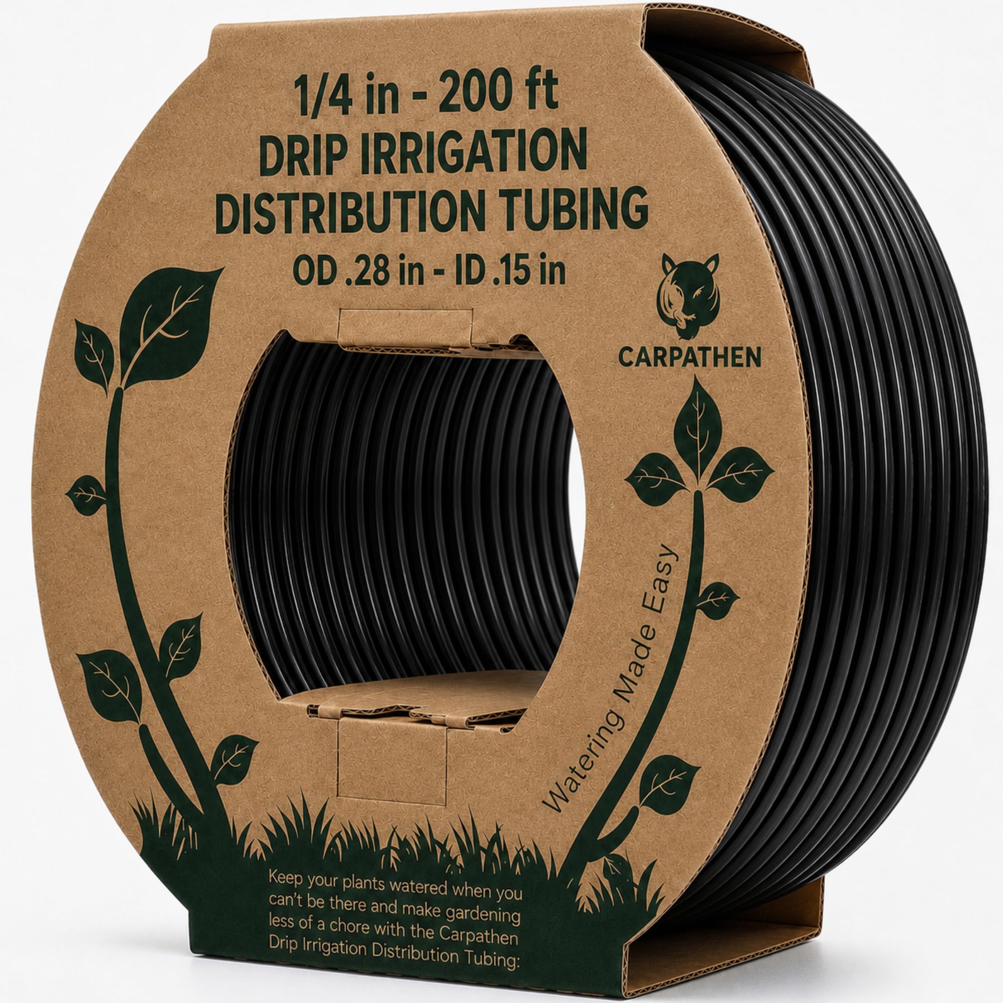 CARPATHEN front view of 200 ft 1/4" tubing shows product and benefit of long coverage