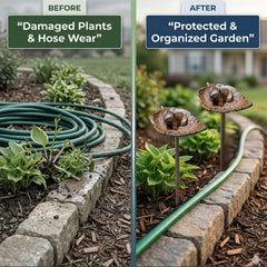 Carver's Olde Iron frog guide placed in garden steering hose away from plants
