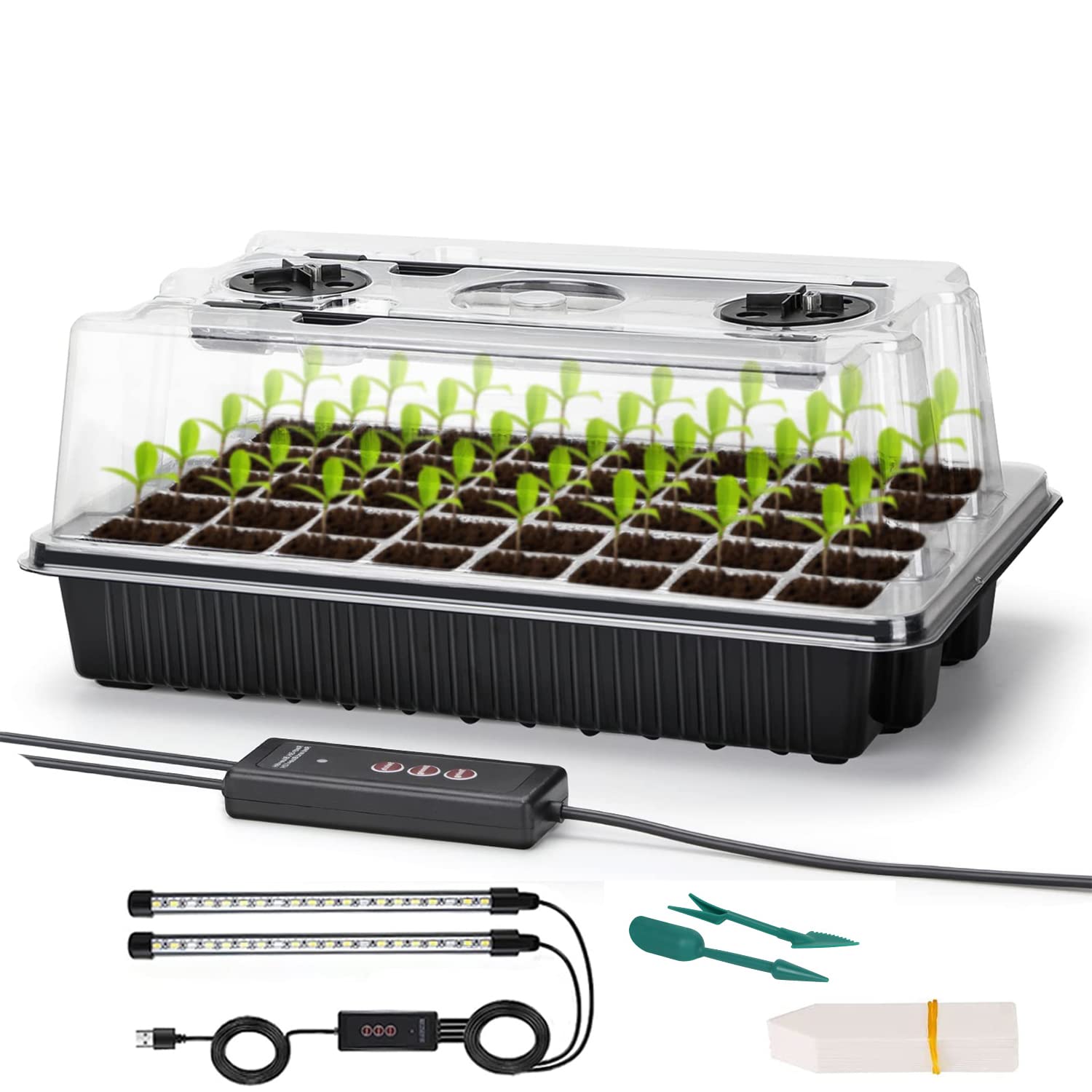 Carzos 40-cell tray front view showing organized seed layout and quick setup benefit